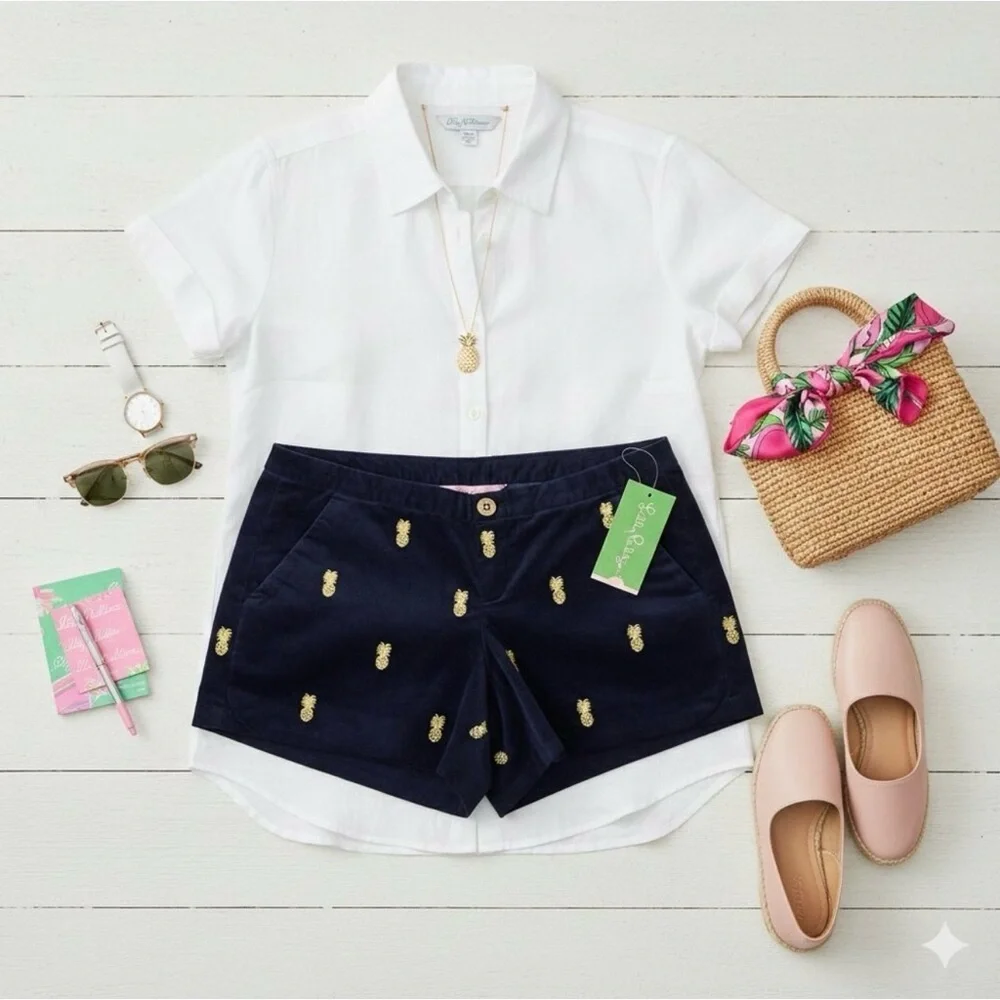 NWT Lilly Pulitzer Adie Shorts Pineapple Navy Velvet Gold Embroidered sz 8